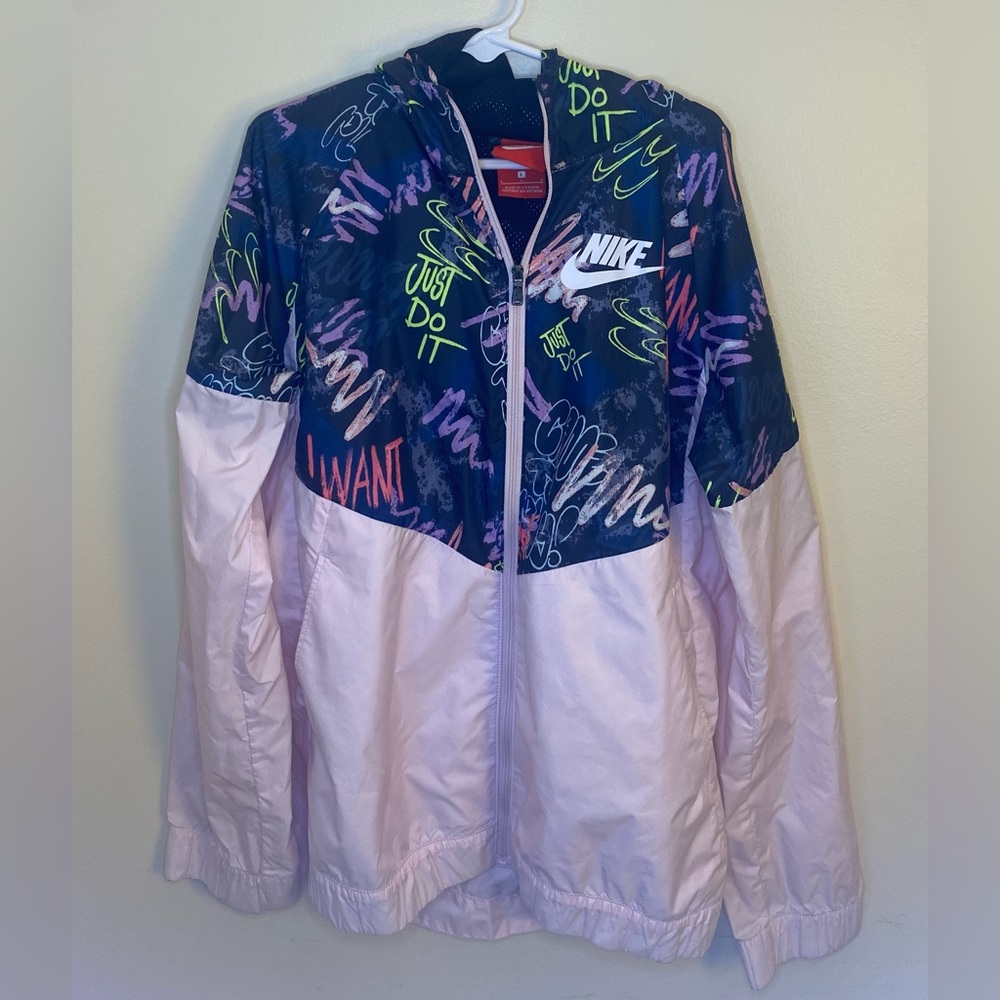 Pink& Black Nike Zip Up Windbreaker; Kids Large